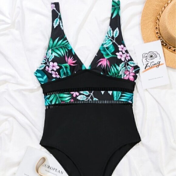 Shein Tropical Print Hollow Out One Piece Swimsuit L - Picture 3 of 7